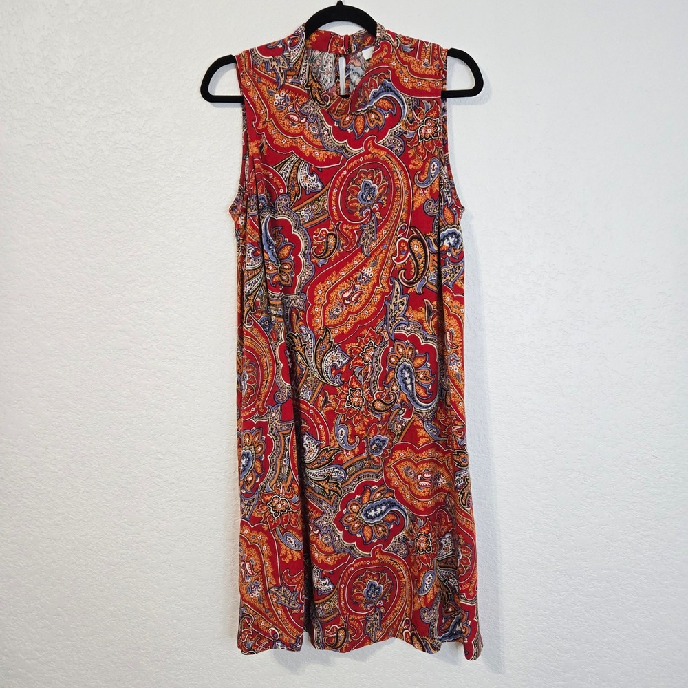 J.Jill Red Paisley Mock Neck Sleeveless Mini Dress Size M Pockets